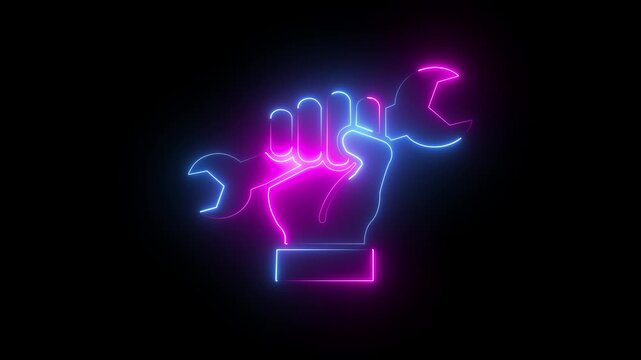 Neon glow hand holding wrench neon sign. 1st may, Labor Day neon sign board 4k motion animation