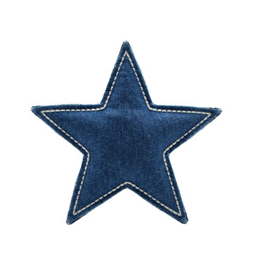 Five pointed star shaped patch made of dark blue denim fabric with white decorative stitching along the edges isolated on a transparent background