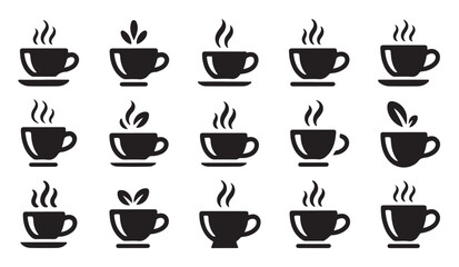 Fototapeta premium Coffee cups with steam and herbal leaves vector silhouettes set for cafe menu decoration.