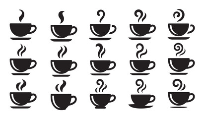 Obraz premium Smoky hot beverage cups black silhouettes collection isolated on transparent grid graphic.