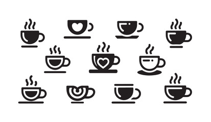 Obraz premium Minimalist coffee cup icons in black silhouette style set on transparent background grid.
