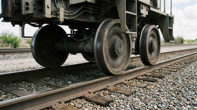Close-up of train wheels on a railway track in a dry landscape under a cloudy sky.