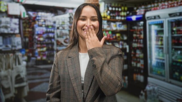 Woman with hand over mouth smiling in aisle by refrigerated drinks and packed store shelves in convenience store building; genuine surprise.