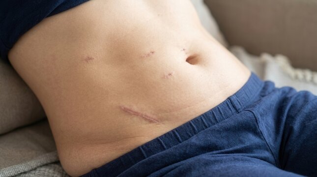 Postoperative Abdomen With Visible Surgical Scars And Surgical Incisions Visible