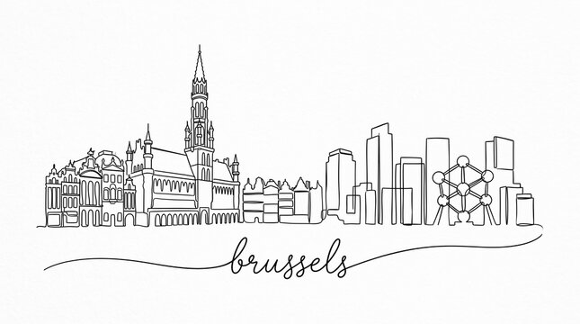 Brussels Skyline Continuous Line Art Drawing Illustration