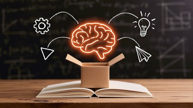 Creativity and innovation with glowing brain icon emerging from book and knowledge