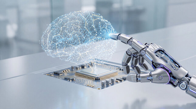 Robotic hand pointing to a digital human brain hologram over a processor chip representing artificial intelligence and innovation