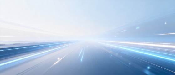 Fototapeta premium Futuristic blue and white speed light trails rushing toward bright horizon with dynamic motion perspective, idea for fast technology, digital transformation and innovation