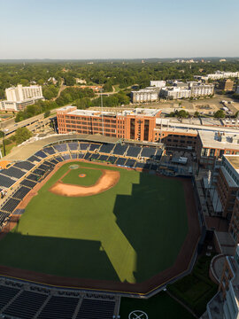 Durham, NC - USA - 7-15-2026: Aerial view of the Durham Bulls Athletic Park aka The DBAP, in downtown Durham