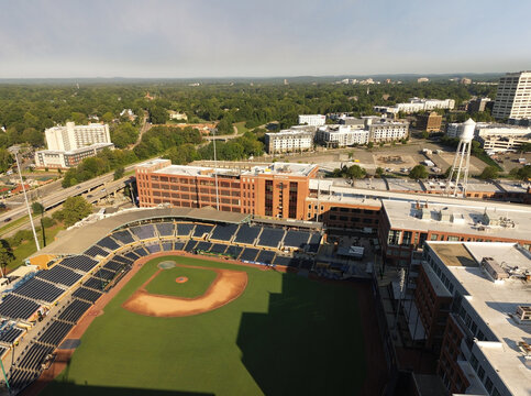 Durham, NC - USA - 7-15-2026: Aerial view of the Durham Bulls Athletic Park aka The DBAP, in downtown Durham