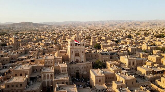 Aerial view of yemen flag waving over historic traditional mud brick architecture in sanaa cityscape