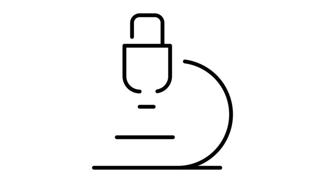 Simple line art icon of a microscope, representing scientific research and discovery in a laboratory setting.