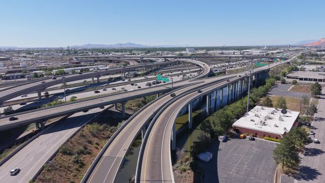 Vehicles travel through the complex SLC Spaghetti Bowl Interchange