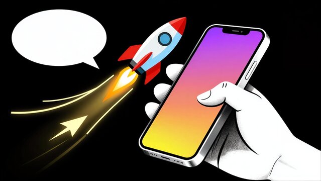 Rocket launches from smartphone, symbolizing app success or digital growth.