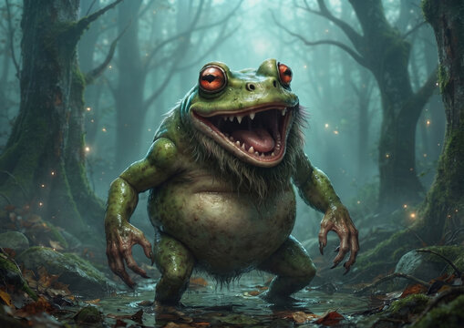 Smiling fantasy frog monster creature standing inside a magical misty swamp forest