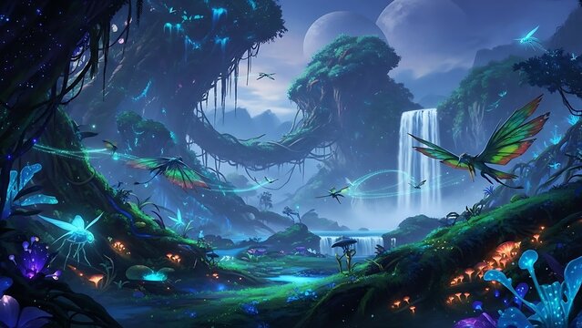 Fantasy landscape with waterfall and flying creatures digital illustration
