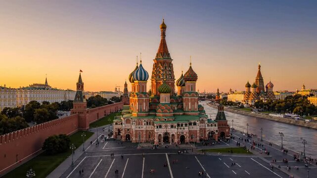 Aerial view of saint basil?s cathedral and red square in moscow at sunset, iconic russian landmark architecture and cityscape travel destination