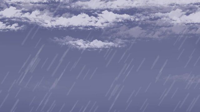 Rain falls steadily from overcast purple clouds in an anime sky.