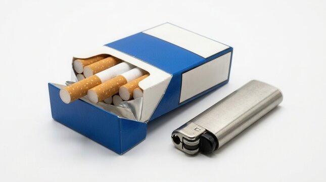 Pack Of Cigarettes And Lighter On White Background