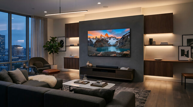 Modern living room interior with large smart TV mounted on a dark feature wall at night