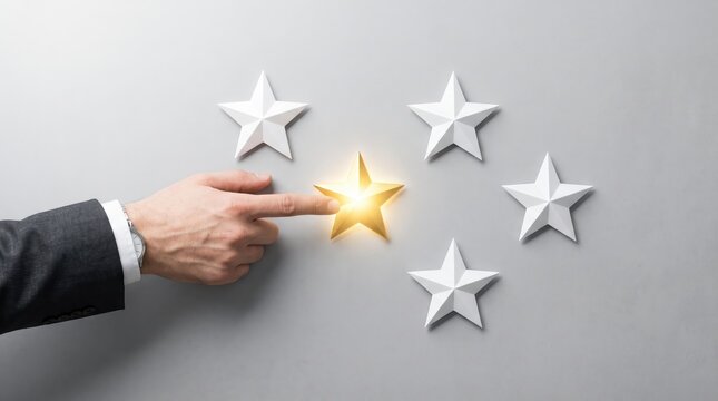 Hand selecting a glowing golden star among white stars on grey, excellence and quality choice, best rating symbol, customer satisfaction survey idea, service award, five star