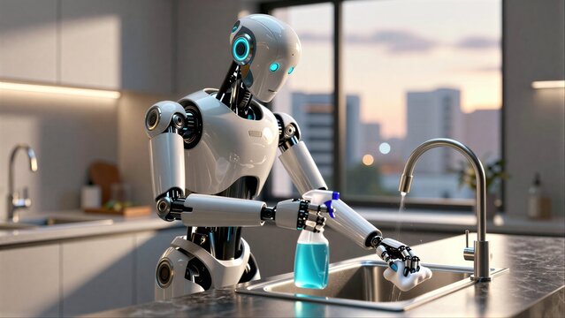 Robot cleans kitchen sink with spray and cloth, modern home setting.