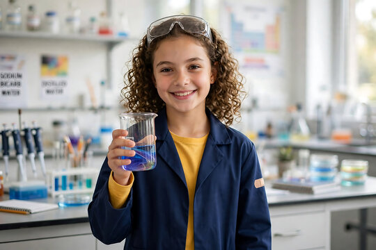 Young girl student holding a beaker with blue liquid in a science laboratory classroom