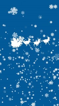 Animation of snowflakes falling over santa claus in sleigh being pulled by reindeers