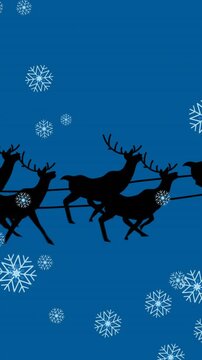 Animation of snowflakes falling over silhouette of santa claus in sleigh being pulled by reindeers