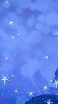 Animation of stars falling over christmas tree in a snow globe and spots of light on blue background