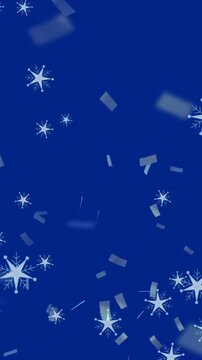 Animation of snow falling over christmas confetti and champagne bottle opening
