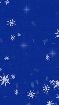 Animation of snowflakes, shining stars and confetti falling against blue background with copy space