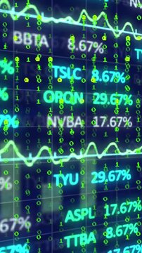 Animation of binary coding and stock market data processing against blue background