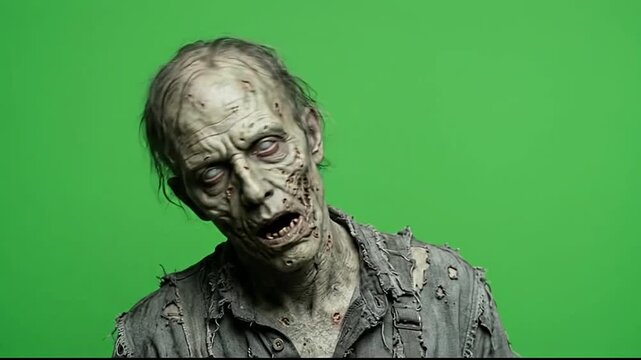 Scary male zombie posing on green screen for halloween production