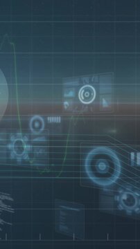 Animation of bulb icon and screens with round scanners and data processing on blue background