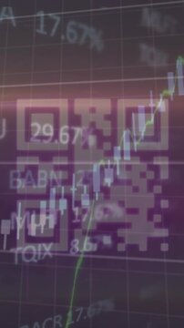 Animation of data processing and stock market over qr code