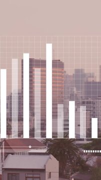 Animation of financial data processing over cityscape