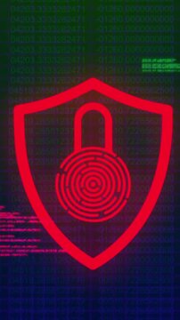 Animation of security padlock icon and data processing against black background