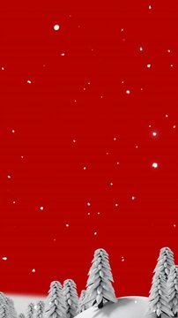 Animation of snow falling over winter landscape against red background with copy space