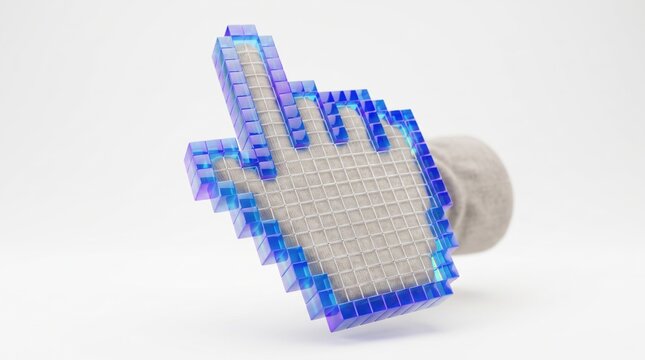 Abstract 3D pixelated hand cursor icon made of blue glass cubes pointing finger, digital interface symbol, click action, user experience design element, web navigation graphic