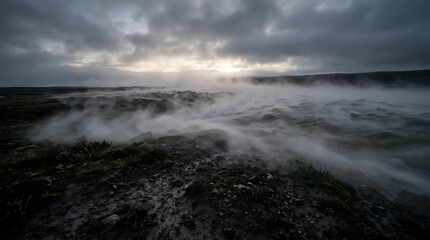 Fototapeta premium Fog rolling over a rocky coastal landscape under a dramatic cloudy sky