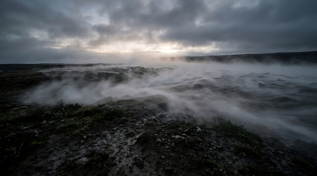Fog rolling over a rocky coastal landscape under a dramatic cloudy sky