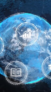 Animation of digital icons and network of connections over spinning globe against blue background