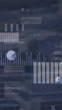 Animation of multiple graphs, loading circles and trading board over modern city in background