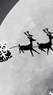 Animation of snowflakes and santa claus riding sleigh with reindeers over close-up of moon