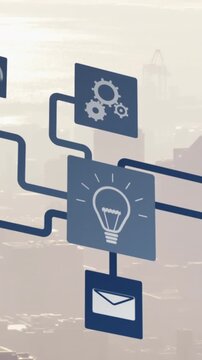 Animation of icons flow chart over fog covered modern cityscape against sky