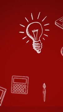 Animation of book, laptop, scale, globe, bus, calculator, light bulb over red background