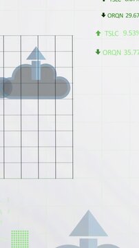 Animation of arrow in clouds with multiple graphs and trading boards over white background