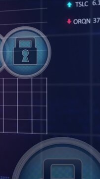 Animation of padlock in circles, graphs and trading boards, computer language over black background
