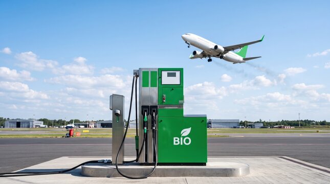 Green bio fuel pump at airport with airplane taking off